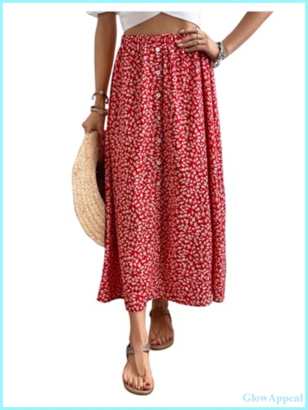 Boho Floral Elastic Waist Flowy Skirt High Rise A-Line Summer Beach Outfit